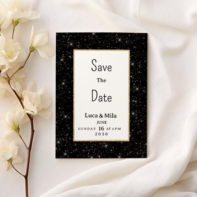 Convite Black gold sparkly glitter confetti Save the Date (Black gold sparkly glitter confetti Save the Date)