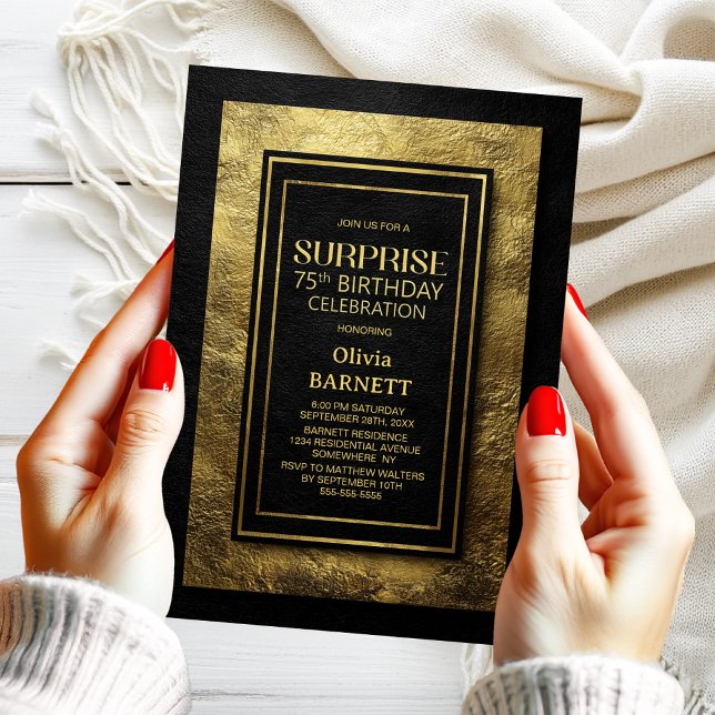 Convite Black Gold Surprise 75th Birthday Party (Criador carregado)