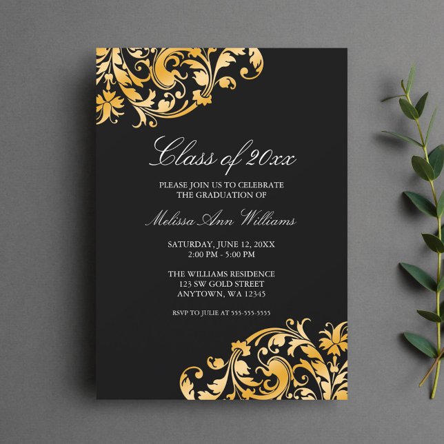 Convite Black Gold Swirl Graduation Party Announcement (Criador carregado)