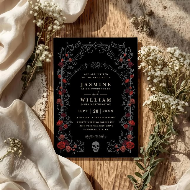 Convite Black Gothic Gate Romance Elegant QR Code Wedding (Criador carregado)