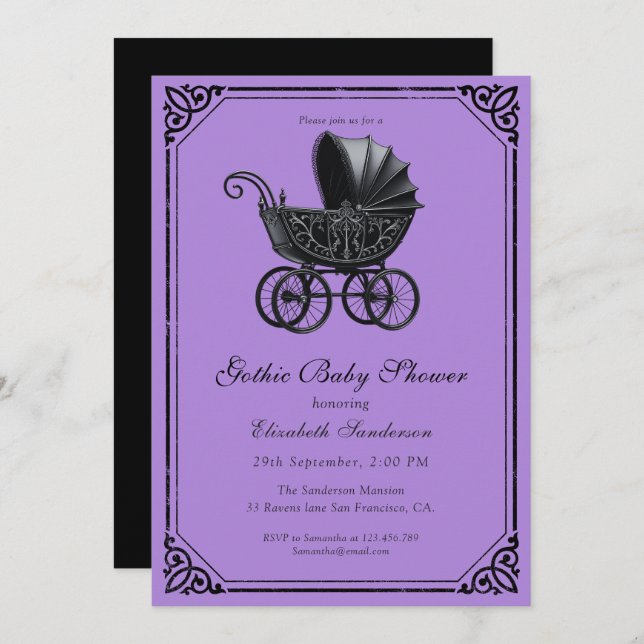 Convite Black Gothic Stroller Baby Shower  (Frente/Verso)