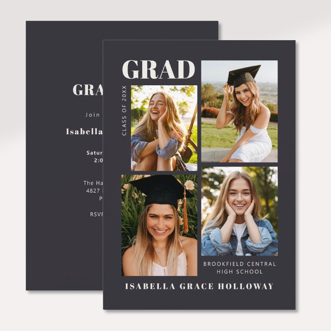 Convite Black Grad Invitation With Photos (Black Grad Announcement and Invitation on the back, with 4 photos)