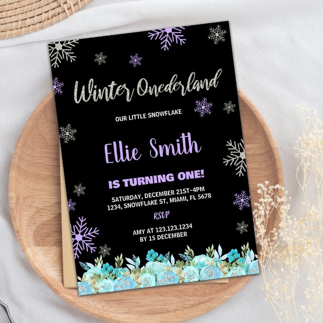 Convite Black Green Floral Winter ONEderland Invtions (Black Green Floral Winter ONEderland Invitations)