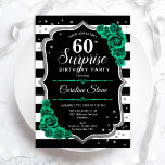 Convite Black Green Silver Surpresa 60º aniversário<br><div class="desc">Surpresa 60º Convite de aniversário. Design verde feminino preto, branco e esmeralda com prata brilhante falso. Apresenta faixas pretas e brancas, rosas, fontes de script e confetti. Perfeito para uma elegante comemoração de aniversário feminina. Pode ser personalizado para mostrar qualquer idade. Impressos convites Zazzle ou modelo de impressão digital instantânea...</div>