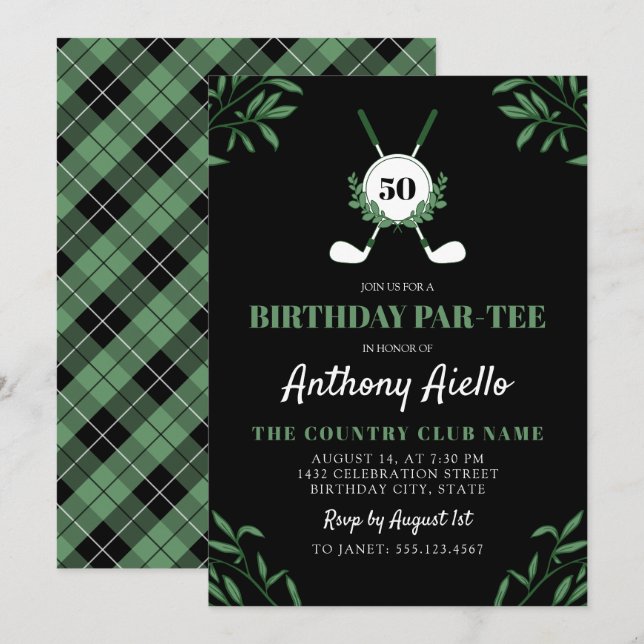 Convite Black Greenery Golf Themed Birthday Par-Tee (Frente/Verso)