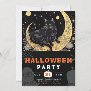 Convite Black Halloween, Moon Floral Black, Crescente Gato