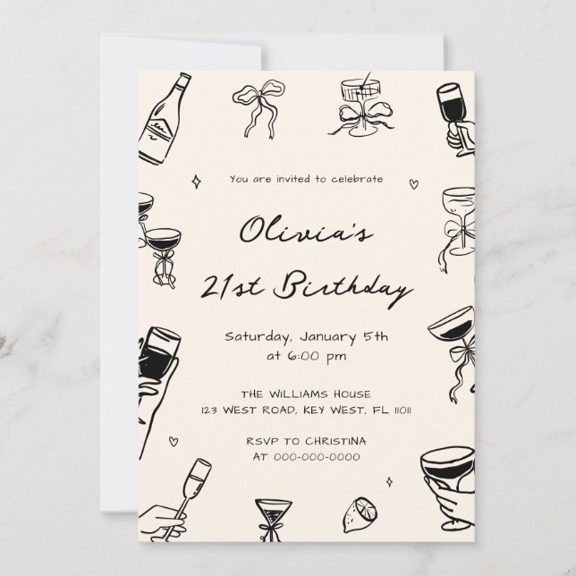 Convite Black Hand Drawn Adult Birthday Party  (Frente)