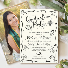 Convite Black Hand Drawn Doodle Photo Graduate Party Cream