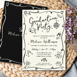 Convite Black Hand Drawn Doodles Graduation Party Cream