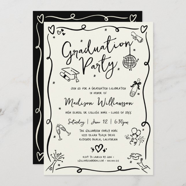 Convite Black Hand Drawn Doodles Graduation Party Cream (Frente/Verso)