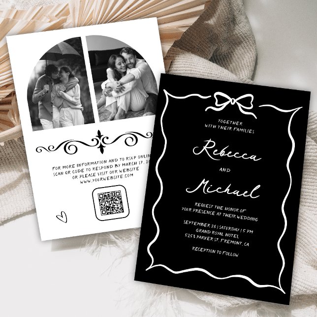 Convite Black Hand Drawn White Bow QR Code Photo Wedding (Criador carregado)