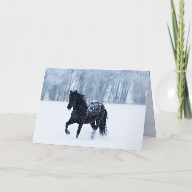 Convite Black Horse in the Snow Greeting Card (Frente)
