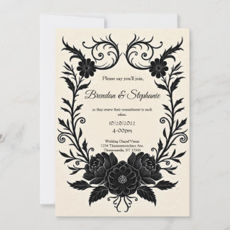 Convite Black Ink Floral Vintage Goth Wedding