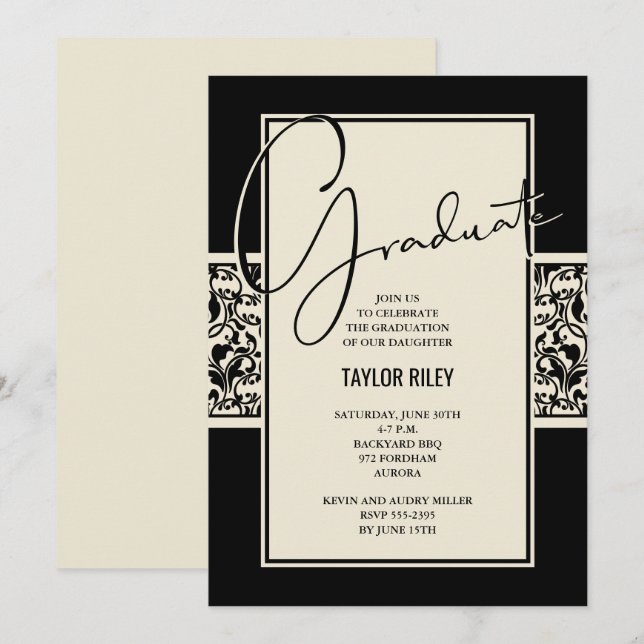 Convite Black Ivory Graduation Damask (Frente/Verso)