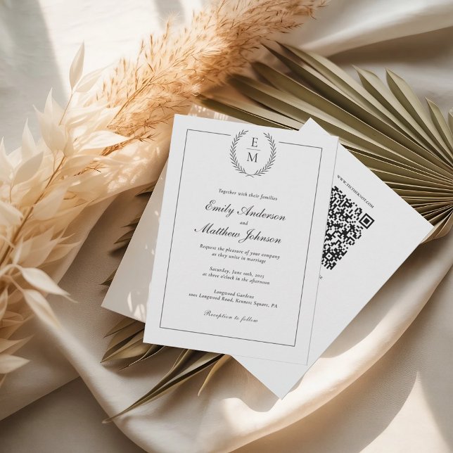 Convite Black Laurel Monogram Wedding Invitation QR Code (Criador carregado)