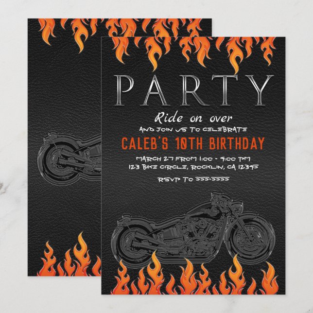 Convite Black Leather Laranjas Chamas Moto Partido de Moto (Frente/Verso)