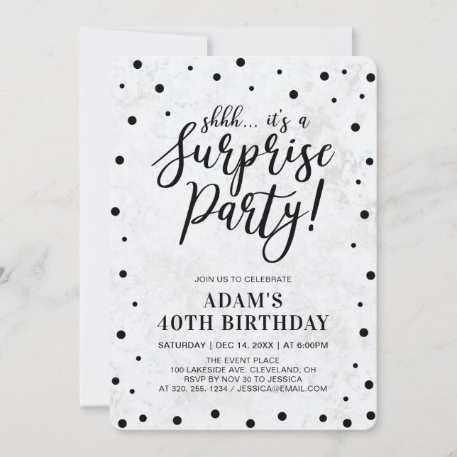 Convite Black & Marble | Festa de Aniversário Surpresa Mod (Frente)