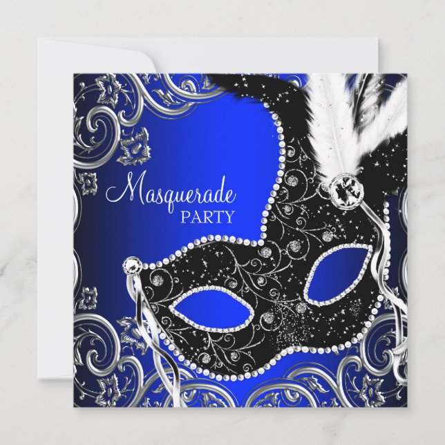Convite Black Mask Royal Blue Mascarada Party (Frente)