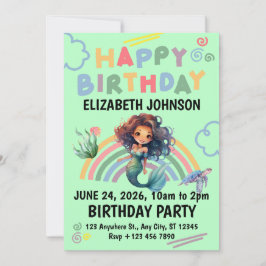 Convite Black Mermaid Birthday Invitation in Green