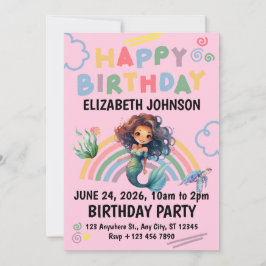 Convite Black Mermaid Birthday Invitation in Pink
