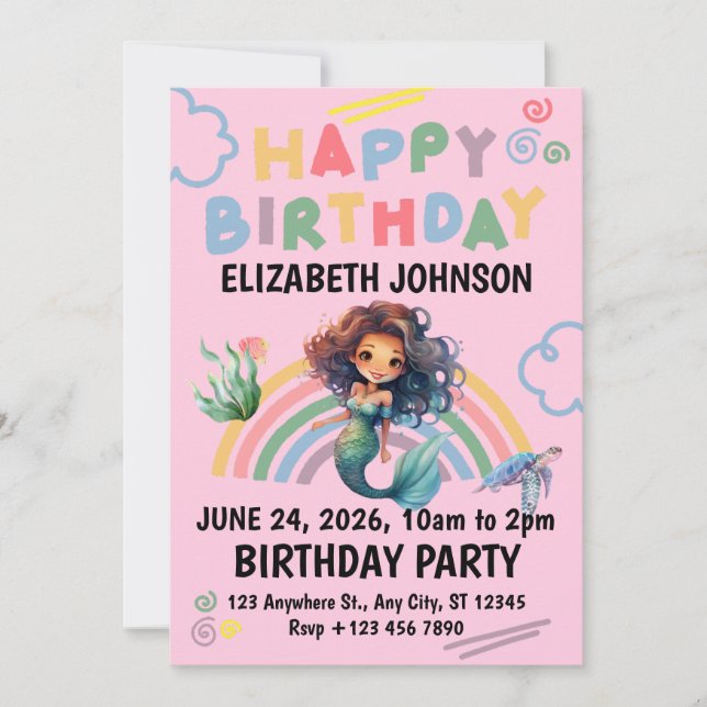 Convite Black Mermaid Birthday Invitation in Pink (Frente)