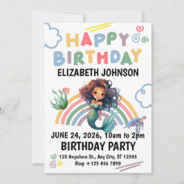 Convite Black Mermaid Birthday Invitation in White 