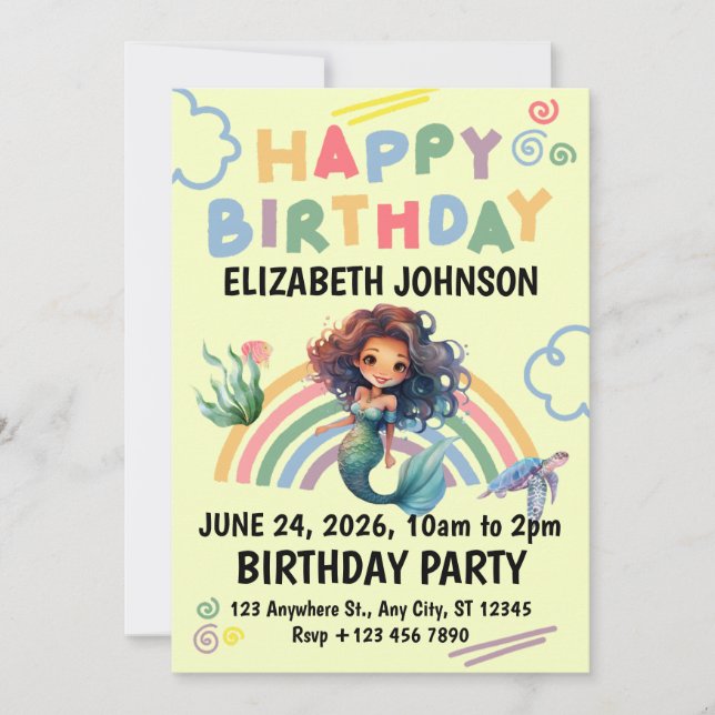 Convite Black Mermaid Birthday Invitation in Yellow (Frente)