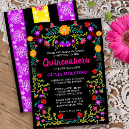 Convite Black Mexicano Fiesta Folk Art Floral Quinceanera