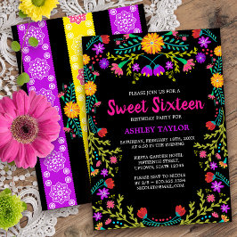 Convite Black Mexicano Fiesta Folk Art Floral Sweet 16