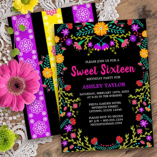 Convite Black Mexicano Fiesta Folk Art Floral Sweet 16 (Sweet 16 invitation from my Mexican Fiesta Floral collection
)