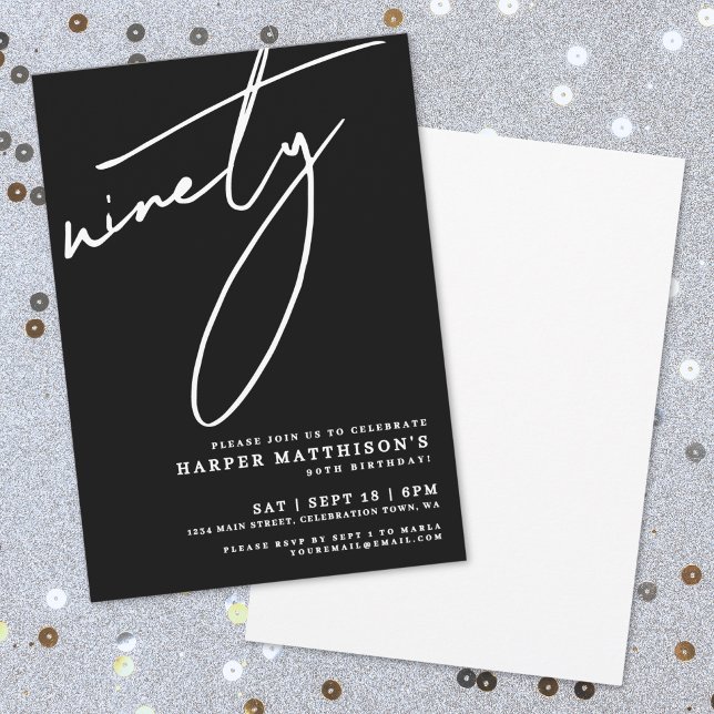 Convite Black Minimalist Ninety 90th Birthday Party (Black Minimalist Ninety 90th Birthday Party Invitation)
