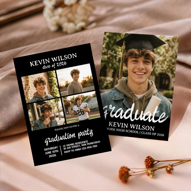 Convite Black Modern 4 Photo Graduation Invitation (Criador carregado)