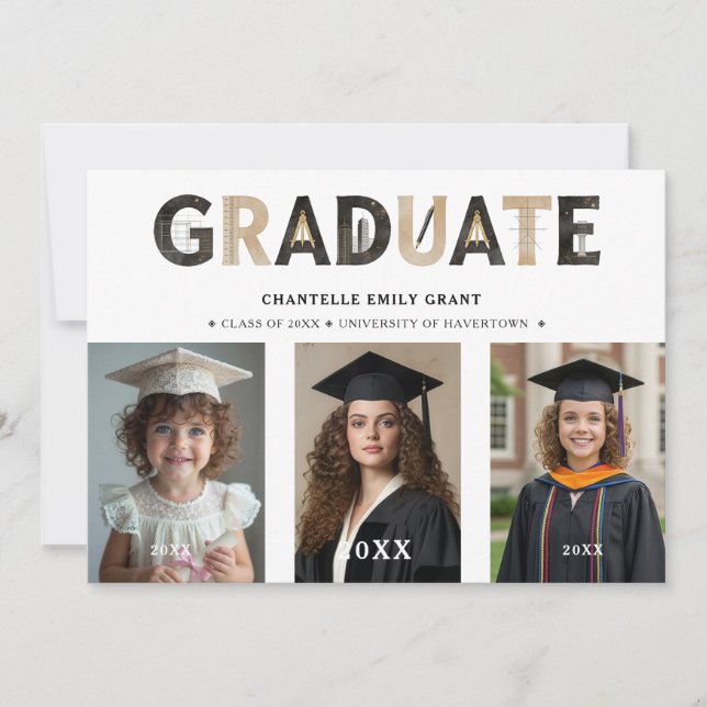 Convite Black Modern Architecture Grad 3-Photo Timeline (Frente)