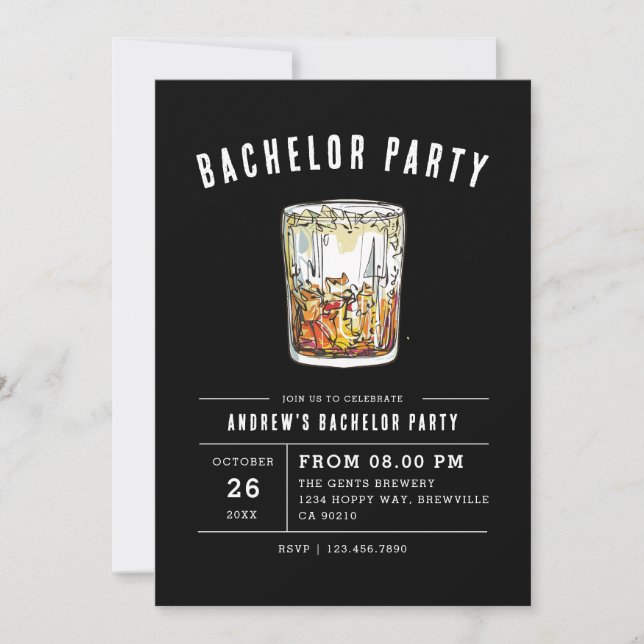 Convite Black Modern Bachelor Party Watercolor Whkey (Frente)