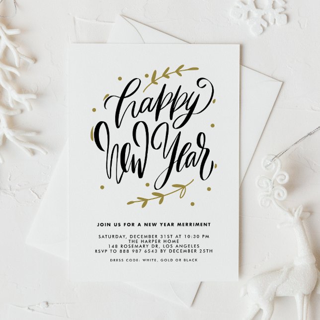 Convite Black Modern Calligraphy and Wreath New Year Party (Customizable New Year party invitation featuring modern calligraphy and foliage wreath.)