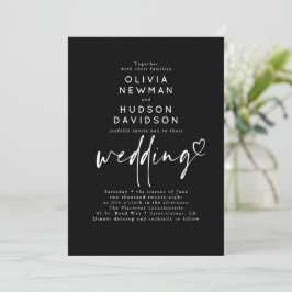 Convite Black Modern Minimalist Heart Typography Wedding