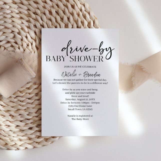 Convite Black Modern Simple Script Drive-By Baby Shower (Criador carregado)
