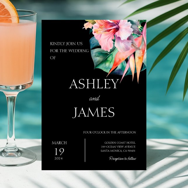 Convite Black Modern Tropical Flowers Greenery Casamento (Modern Tropical Flowers Greenery Wedding Invitation)