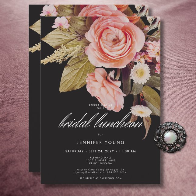 Convite Black Moody Blush Blooms Bridal Lunchee (Black Moody Pink Blush Blooms Bridal Luncheon Invitation)