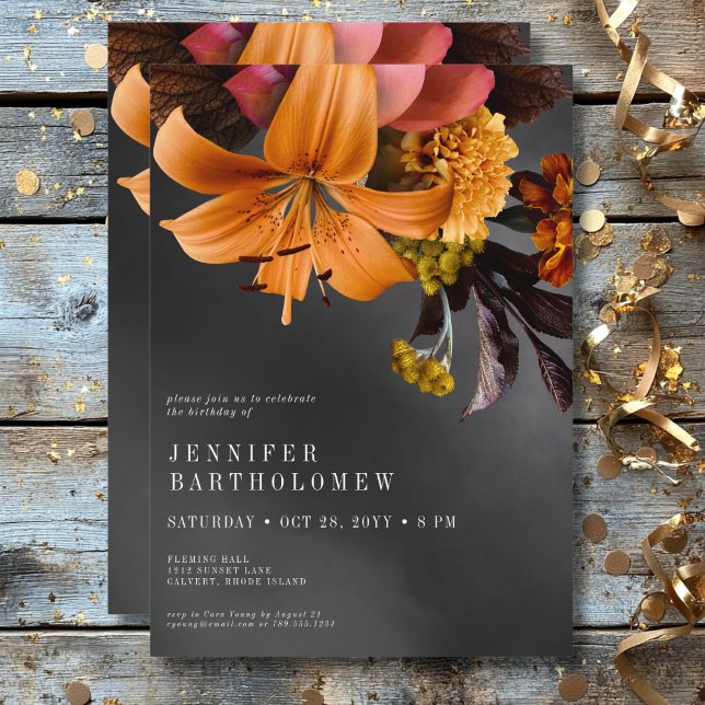Convite Black Moody Gothic Orange Lily Birthday (Black Moody Gothic Orange Lily Birthday Invitation)