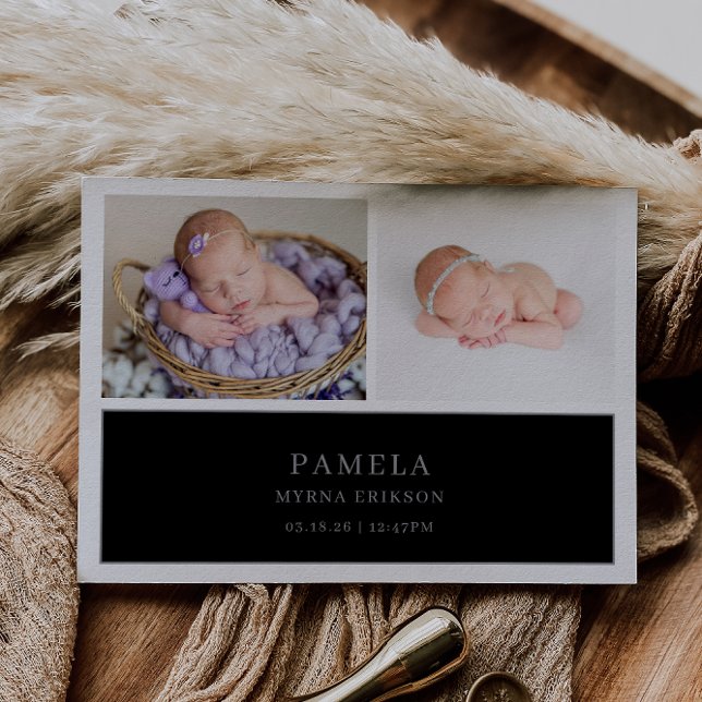 Convite Black Muted Gray Chic Baby Photo Announcement Card (Criador carregado)