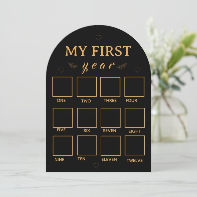 Convite Black my first year photo frame template (Em pé/Frente)