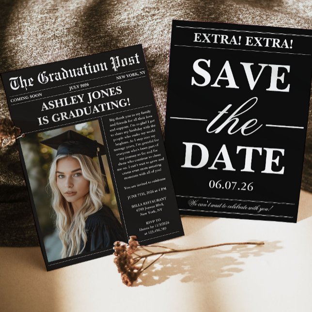 Convite Black Newspaper Photo Graduation  (Criador carregado)