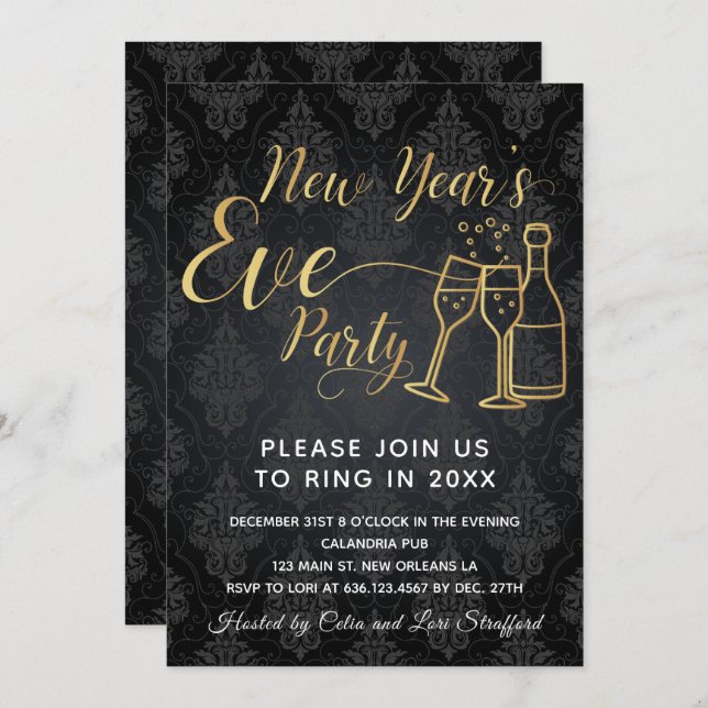 Convite Black On Black Damask New Year's Eve Party (Frente/Verso)