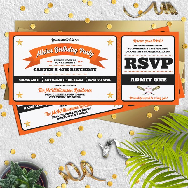 Convite Black & Orange Baseball Allstar Ticket Birthday (Criador carregado)