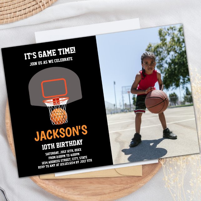 Convite Black Orange Basketball Invitations with photo (Black Orange Basketball Invitations with photo)