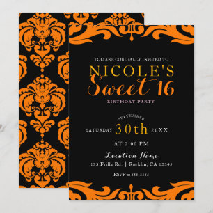 Convite Black & Orange Damask Chic Elegante Festa Sweet 16