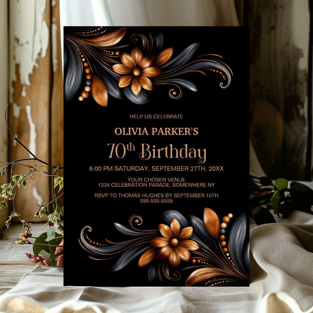 Convite Black Orange Floral 70th Birthday Party (Criador carregado)