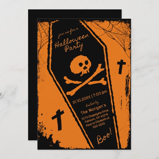Convite Black & Orange Hand Drawn Coffin Halloween Party (Frente/Verso)