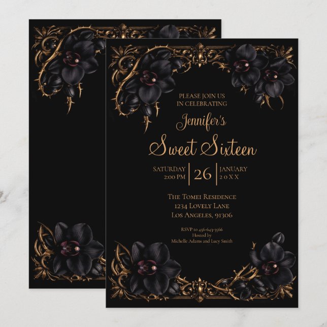 Convite Black Orchids Gótico Sweet 16 (Frente/Verso)